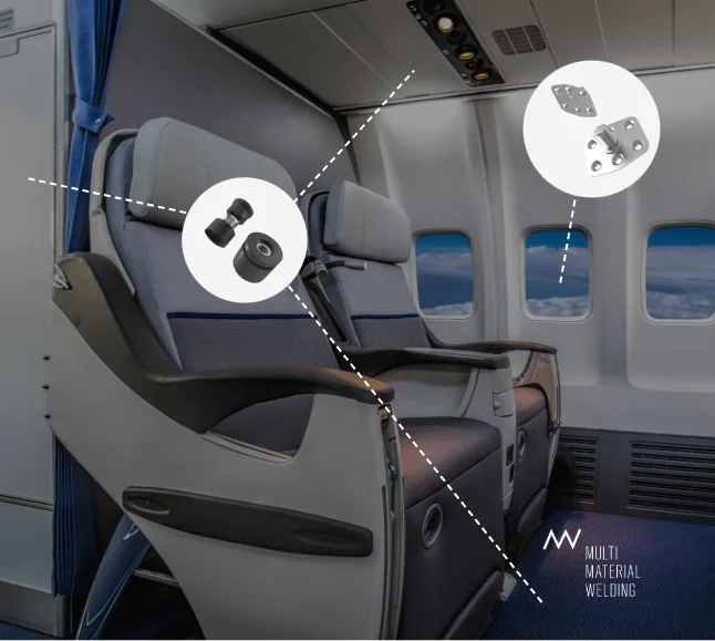 View of an aircraft interior, focused on two business class seats, with graphics showcasing Multi-material welding solutions as an overlay