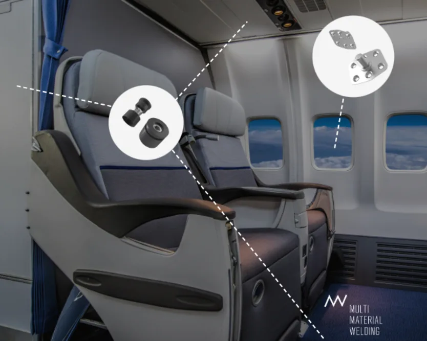View of an aircraft interior, focused on two business class seats, with graphics showcasing Multi-material welding solutions as an overlay