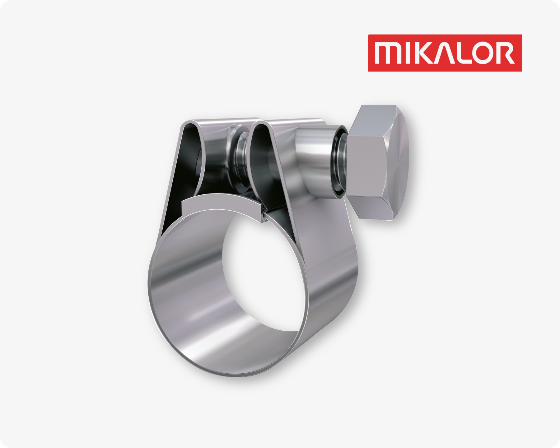A silver Mikalor hose clamp on light grey background with the red Mikalor logo in the top right corner.