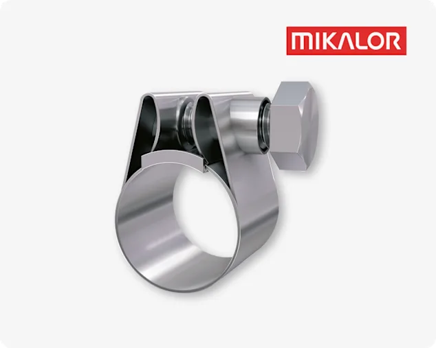 A silver Mikalor hose clamp on light grey background with the red Mikalor logo in the top right corner.