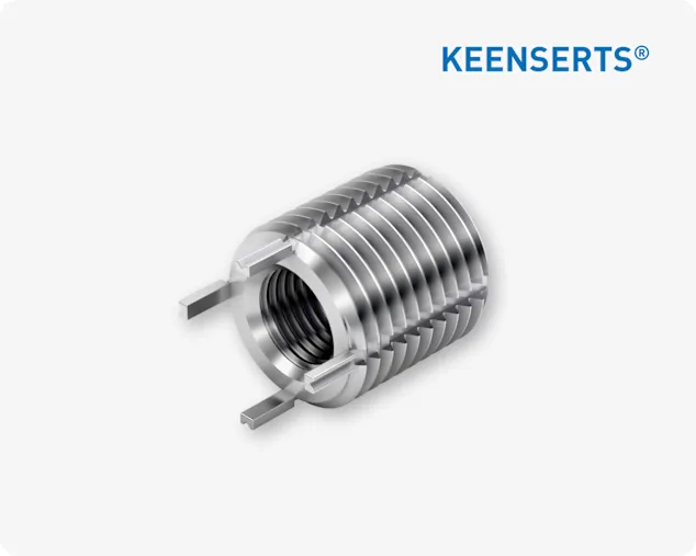 Close-up of a Keenserts high-strength metal threaded insert with 4 special keylocks for superior performance.