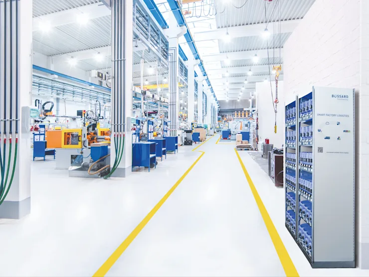 View of a production facility with an SFL rack and work cells