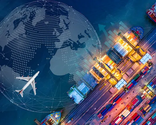 Aerial view and top view cargo plane flying above ship port in the export and import business and Smart logistics international goods. Shipping cargo to harbor by crane stock photo