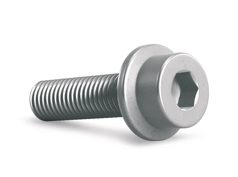 Close up of a hexagon socket cylinder head screw with flange on a white background.