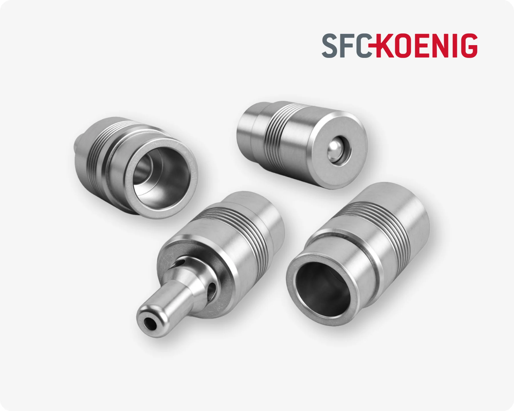 Four different SFC Koenig Check Valves to control flow directions in fluid systems on light grey background with the SFC Koenig logo in the top right corner.