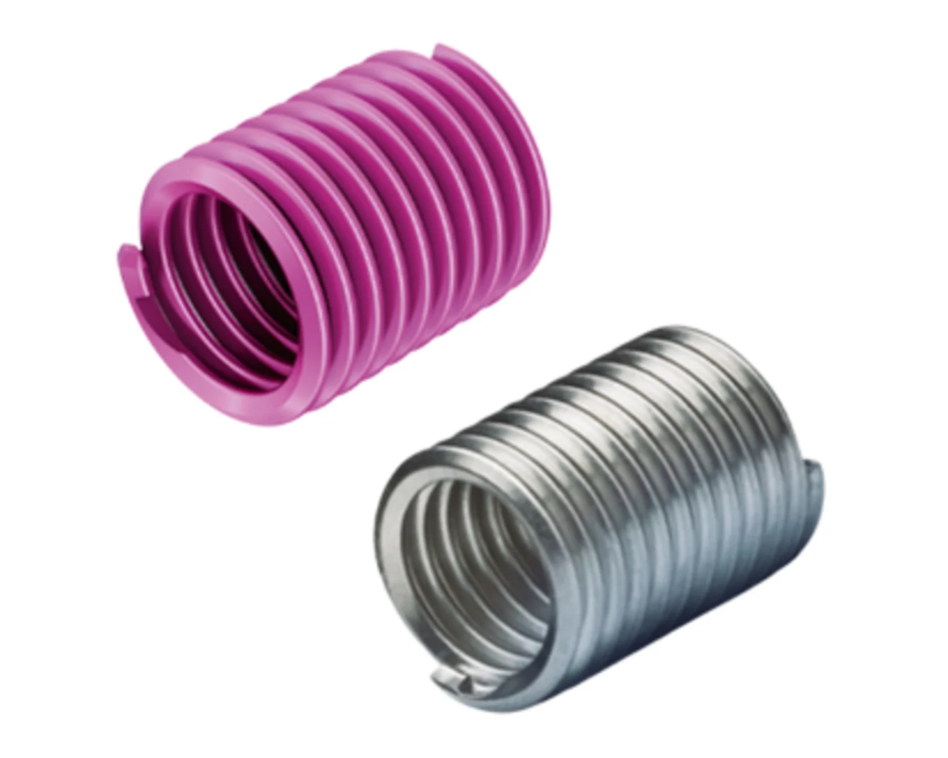 Two KATO threaded inserts, one pink and one silver, made of coiled wire with spiral structure on a white background.
