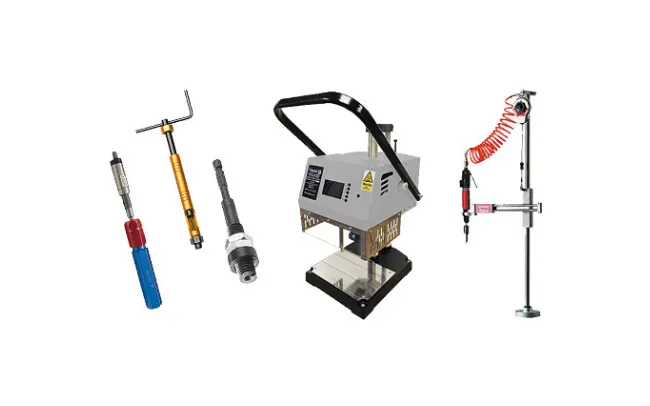 Various tools and devices for threaded inserts on a white background.