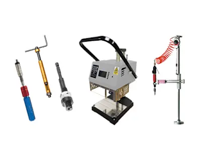 Various tools and devices for threaded inserts on a white background.