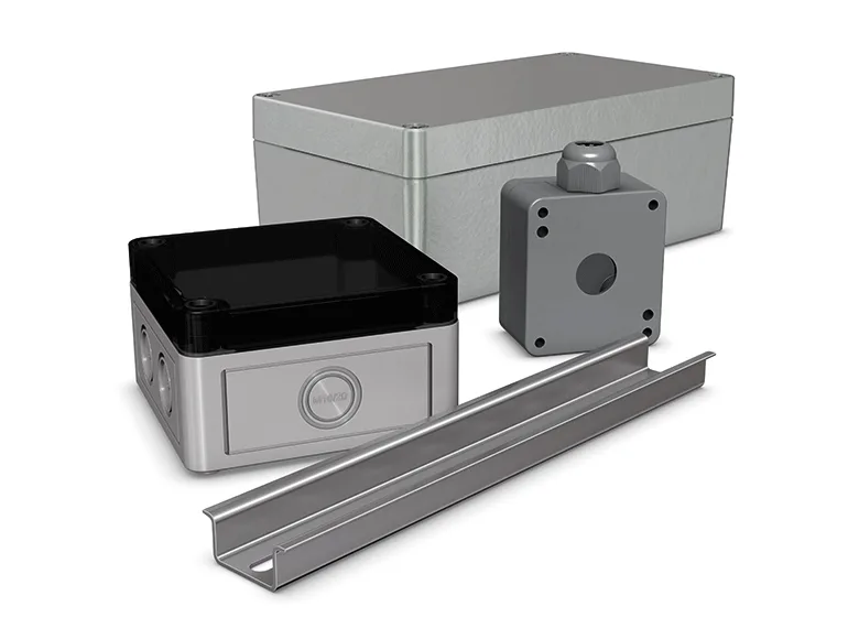 Several grey industrial enclosures for electrical applications