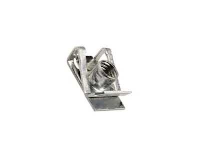 A metal ARaymond self-locking snap-on nut on white background