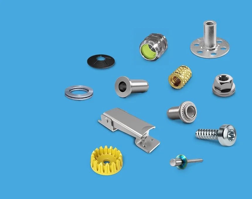 蓝色背景上的各种紧固件,展示了它们的多样性。