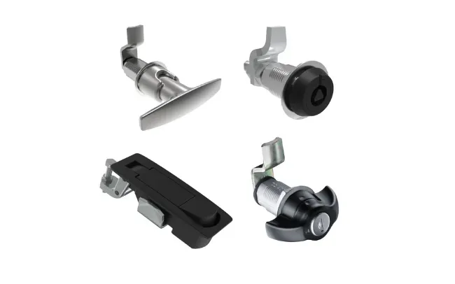 四种不同类型的Southco凸轮和压缩锁在白色背景上
