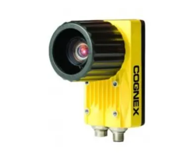 A yellow and black COGNEX industrial vision sensor on a white background.