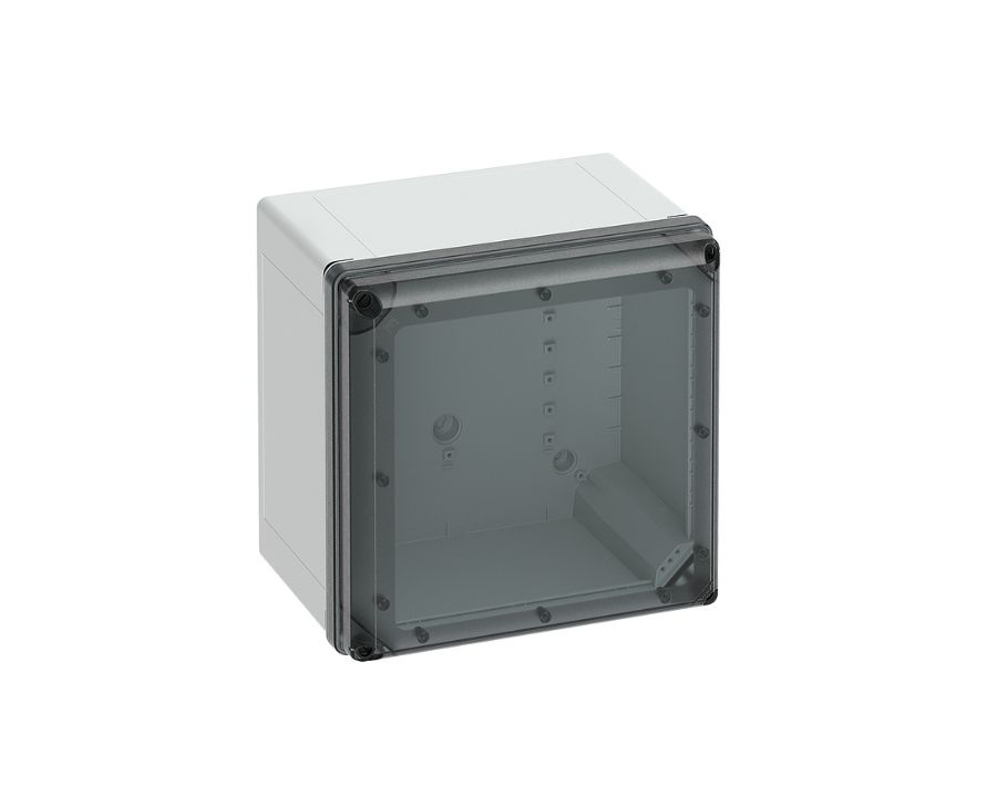 A Spelsberg GEOS Series electrical enclosure with transparent lid on white background.