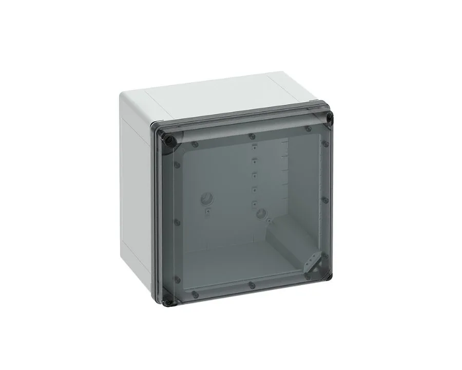A Spelsberg GEOS Series electrical enclosure with transparent lid on white background.