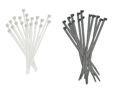 Two heaps of Elematic standard cable ties, one white-colored and one black-colored on white background