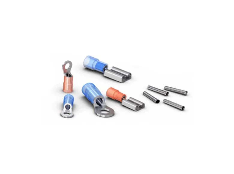 A set of electrical contacts in blue and red color on a white background.