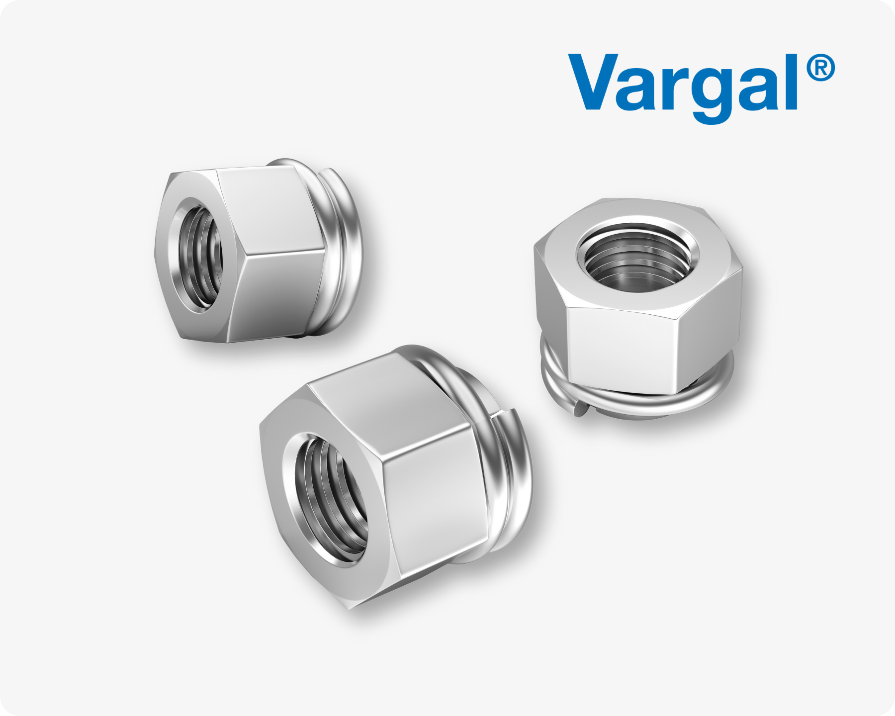 三颗银色 Vargal 全金属锁紧螺母，浅灰色背景，右上角有Vargal品牌名称。