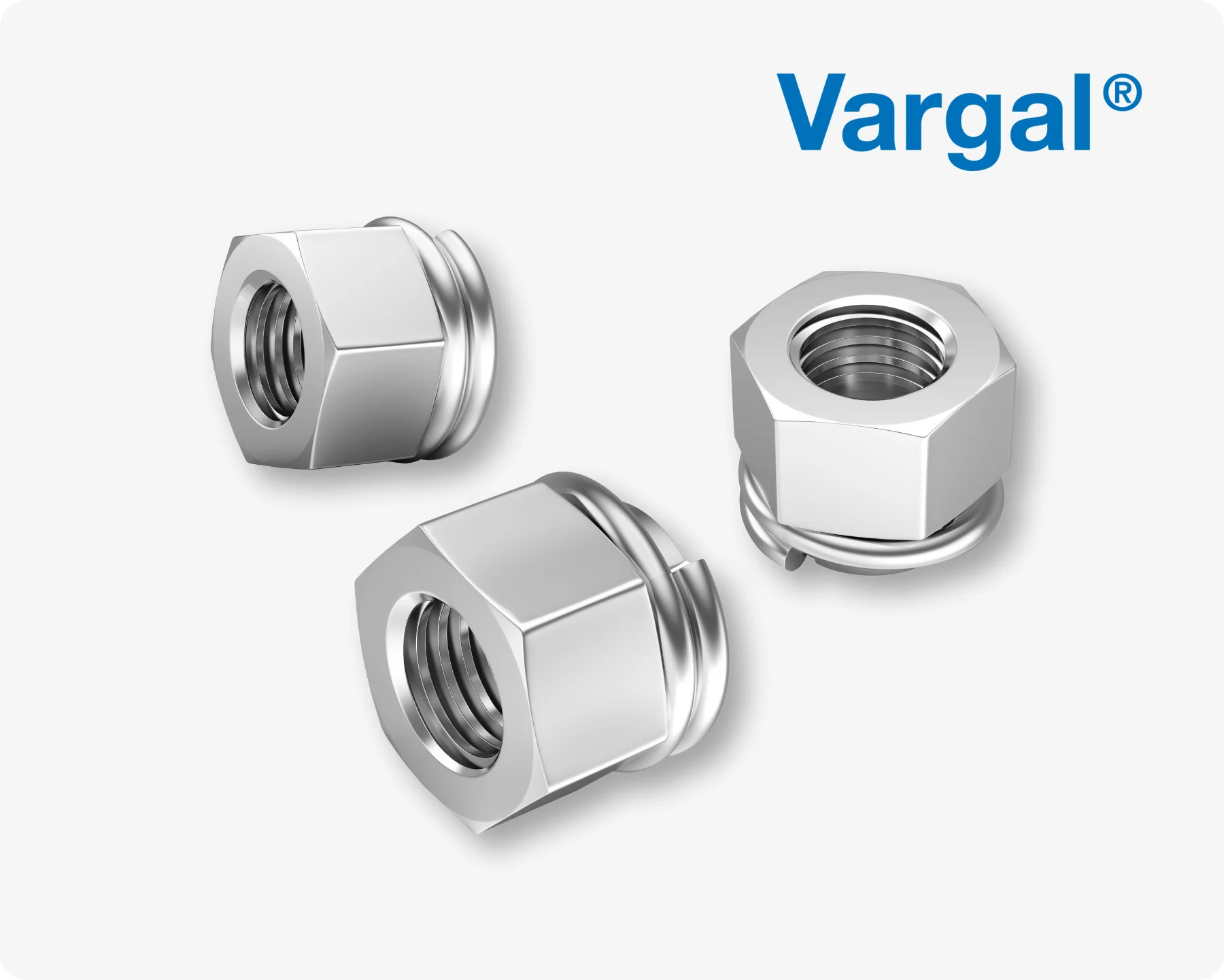 Three silver Vargal all-metal lock nuts for reliable anti-loosening on light grey background and the Vargal brand name in the top right corner.