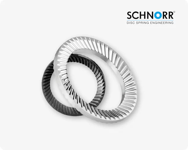 特写镜头展示两枚SCHNORR®螺栓锁紧垫圈(安全垫圈)在浅灰色背景上。
