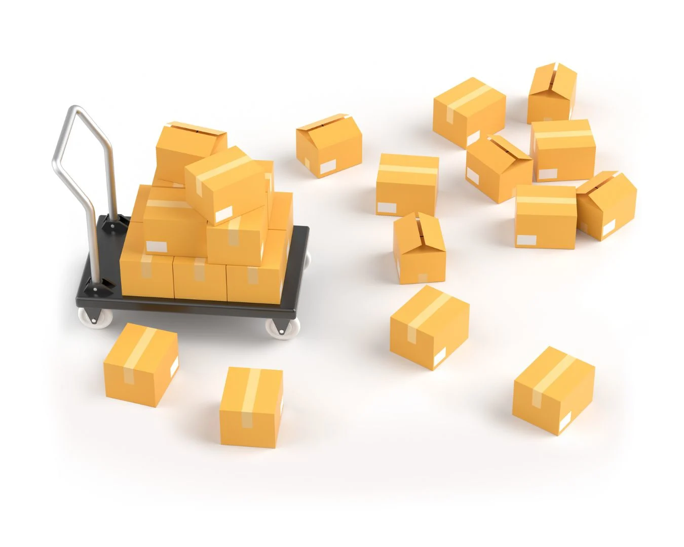 Multiple orange cardboard boxes scattered around a black hand truck with some boxes stacked on it against white background.