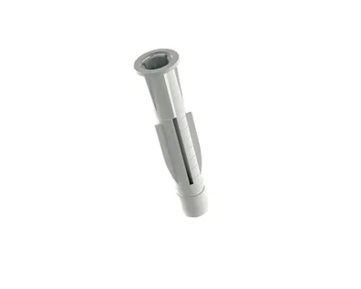 An white all-purpose wall plug on a white background.