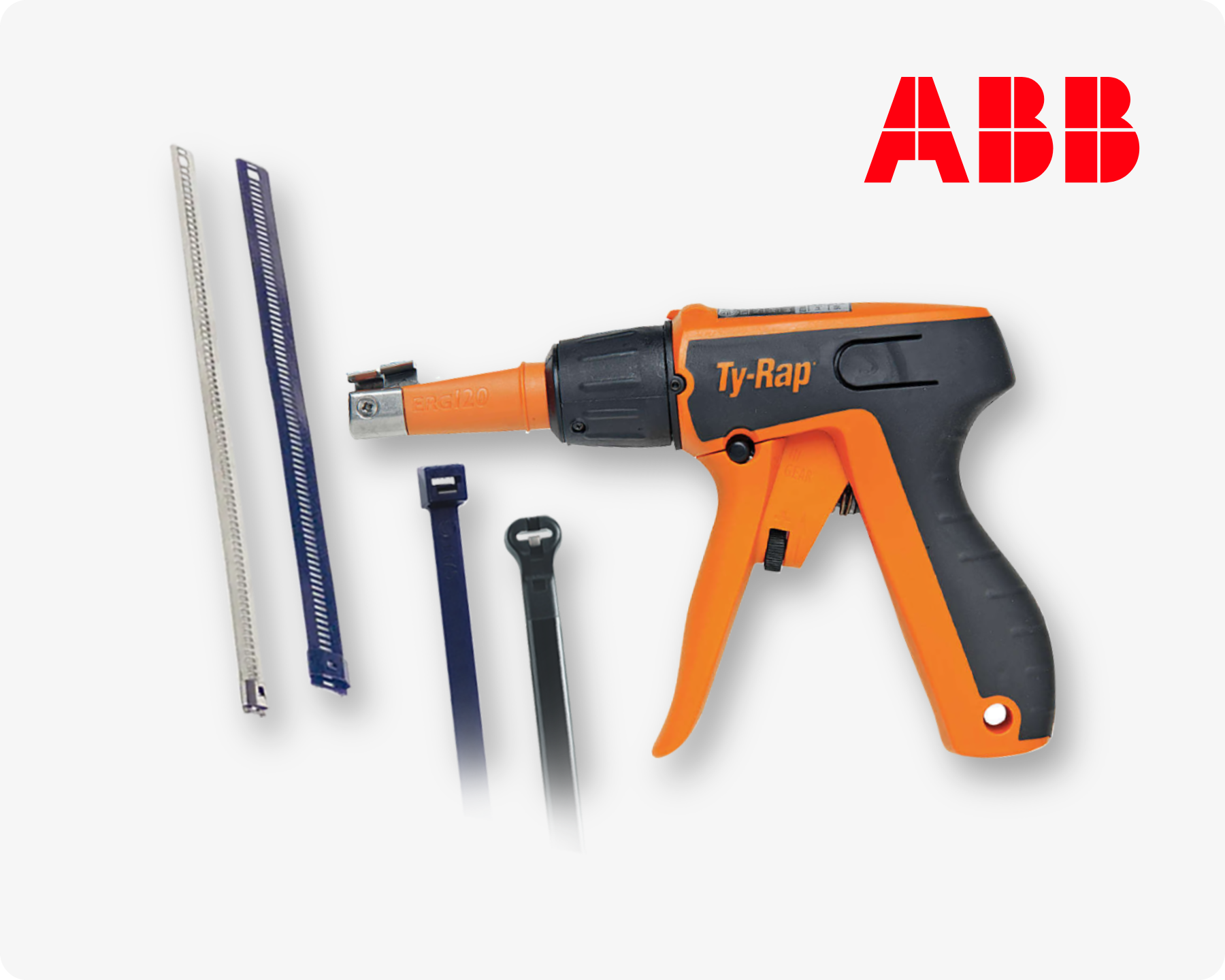 Different types of ABB cable ties and an orange and black Ty-Rap cable tie gun by ABB on light grey background