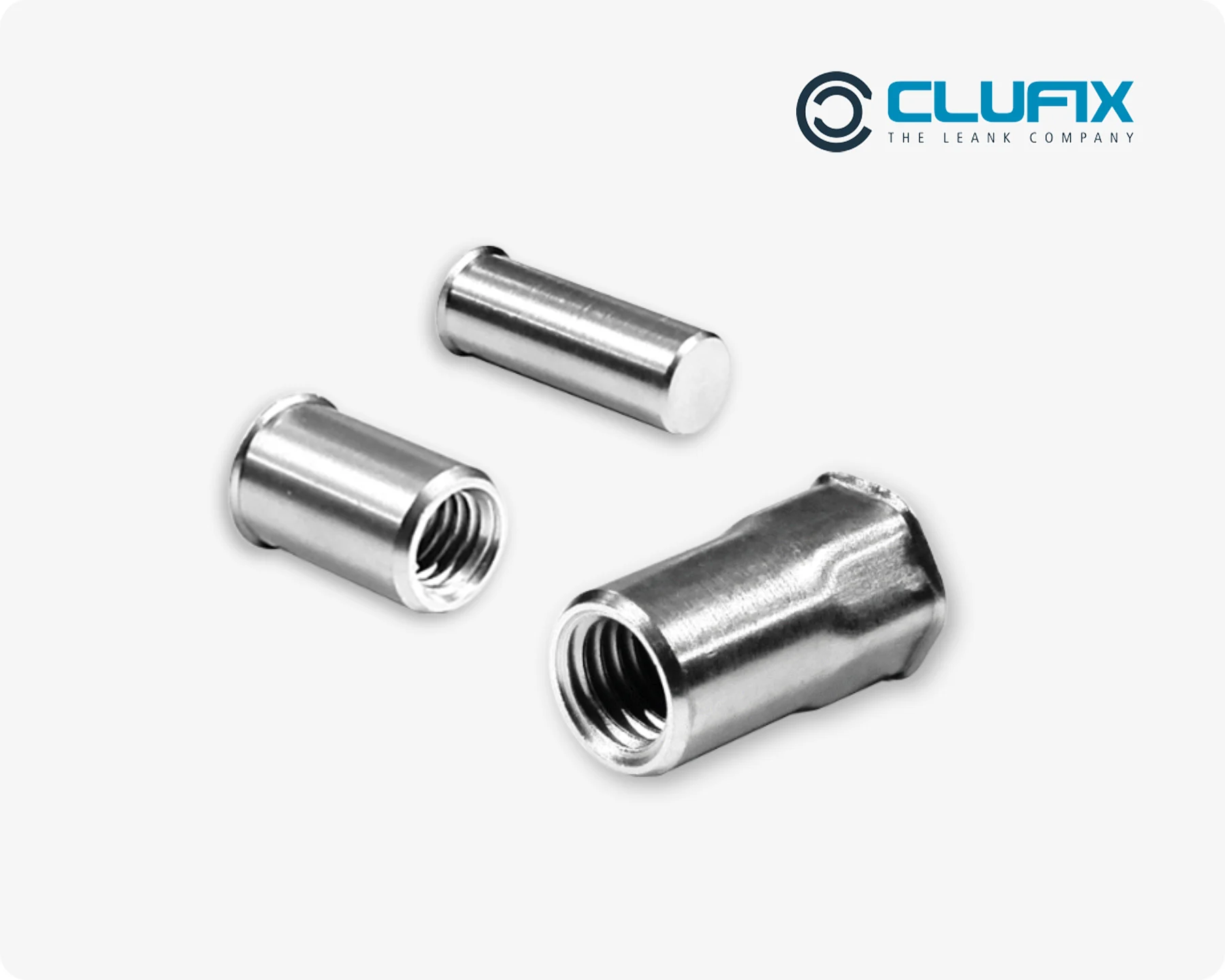 三种不同的Clufix铆螺母在浅灰色背景上，包括封闭端和开放端铆螺母。