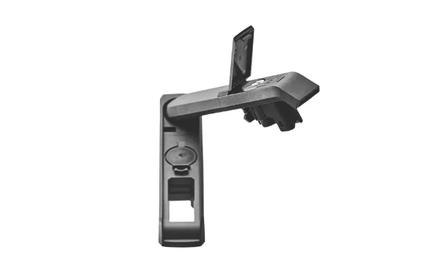 A black Dirak swing handle in 90 degree opened position