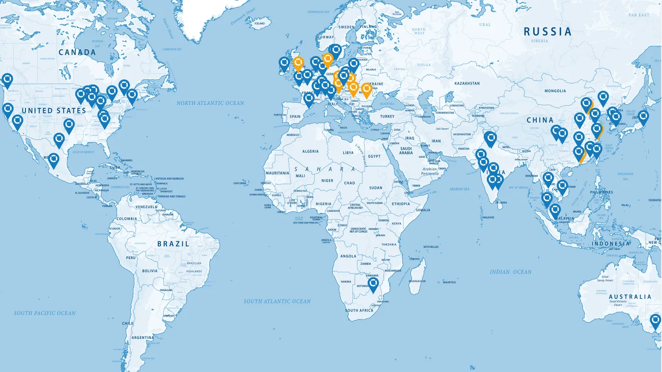 Global map in white and blue colors showing Bossard locations worldwide.