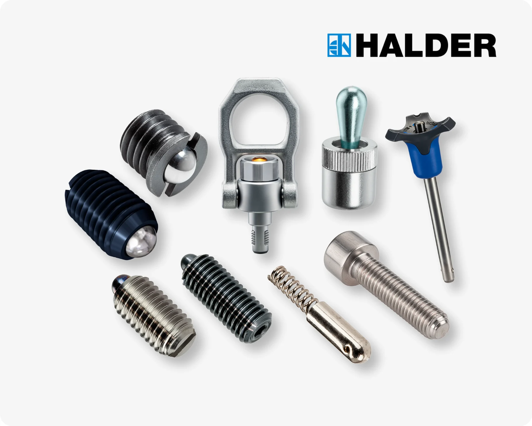 Halder® 多款工业紧固与定位解决方案产品展示,包括弹簧柱塞、球锁销、球头止推螺钉和螺纹起重销,置于浅灰背景上,右上角标有品牌标识。