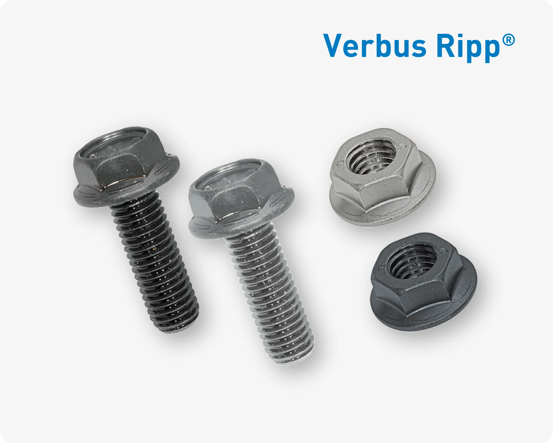 四种不同的Verbus Ripp螺钉和螺母，带有特殊锁紧肋，用于在敏感表面上实现高强度连接。