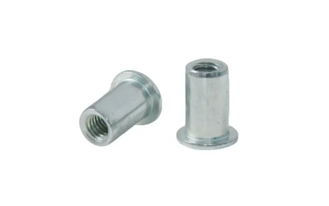 Two FASTEKS FILKO blind rivet nuts with round shaft on white background