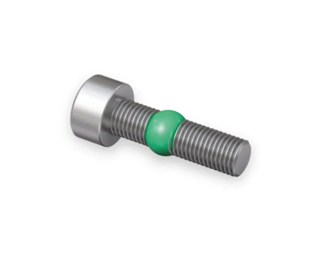 Metal bolt with threaded shaft and cylindrical head, featuring a bright green Nystay coating around the middle section.