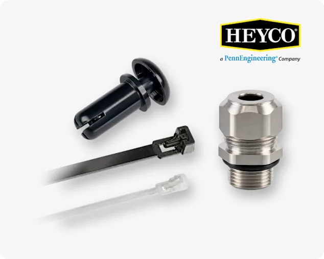 Different Heyco fastening solutions, including cable ties, a cable gland and a HeyClip push-in fastener on light grey background with the Heyco logo in the top right corner.