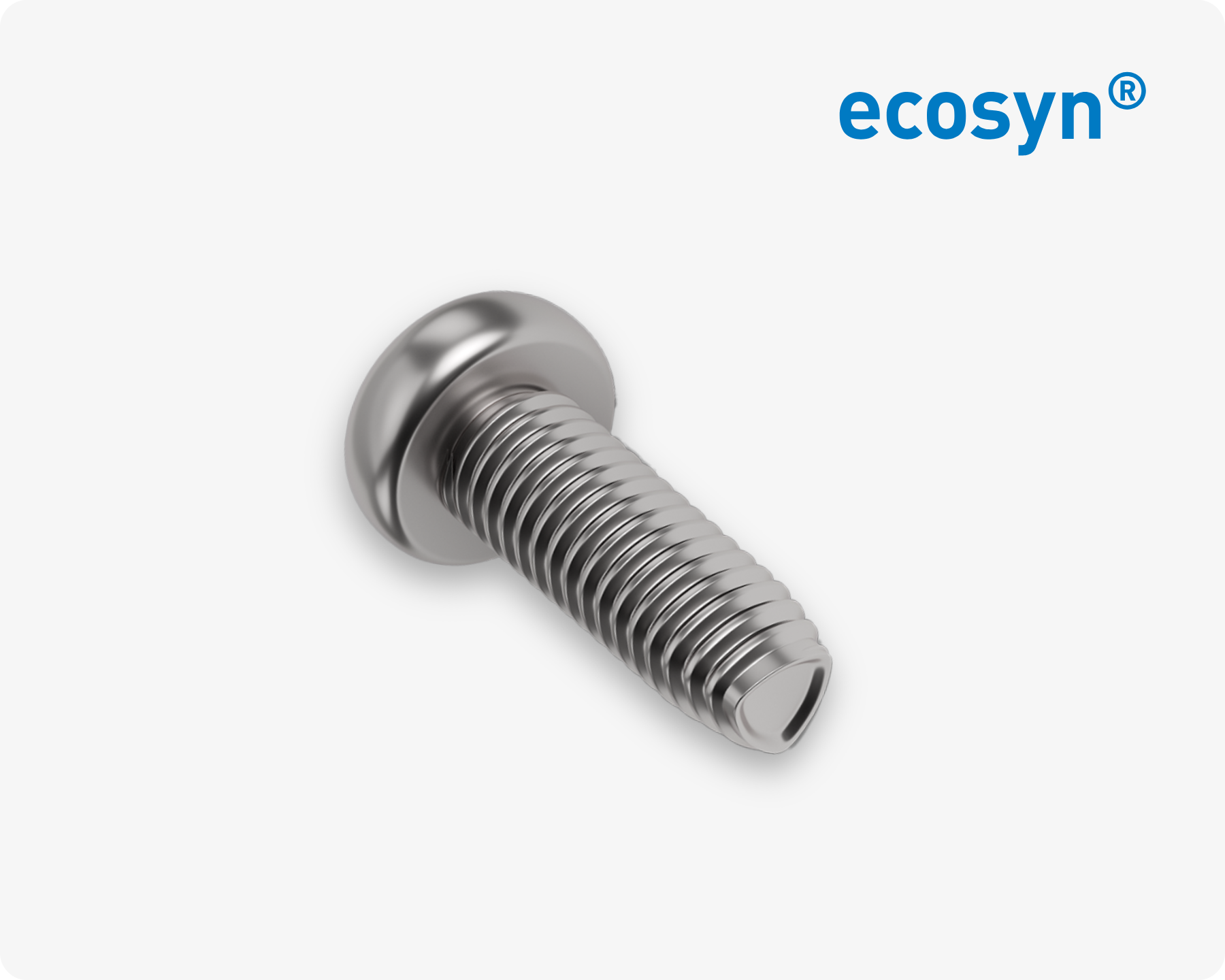 Close-up of an ecosyn IMX thread-forming screw for stainless steel applications on light grey background.