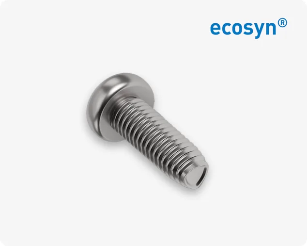 Close-up of an ecosyn IMX thread-forming screw for stainless steel applications on light grey background.
