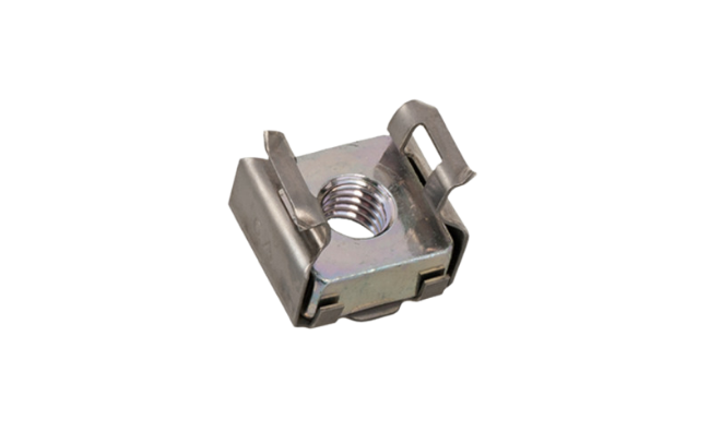 A metal FASTEKS KLIPKO earthing cage nut on white background