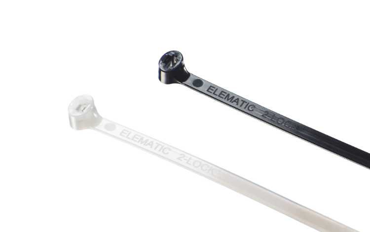 Two Elematic 2-LOCK™ cable ties on white background, one white and one black