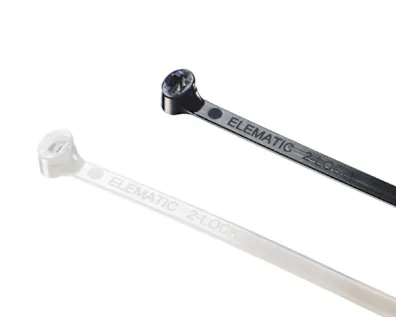 Two Elematic 2-LOCK™ cable ties on white background, one white and one black