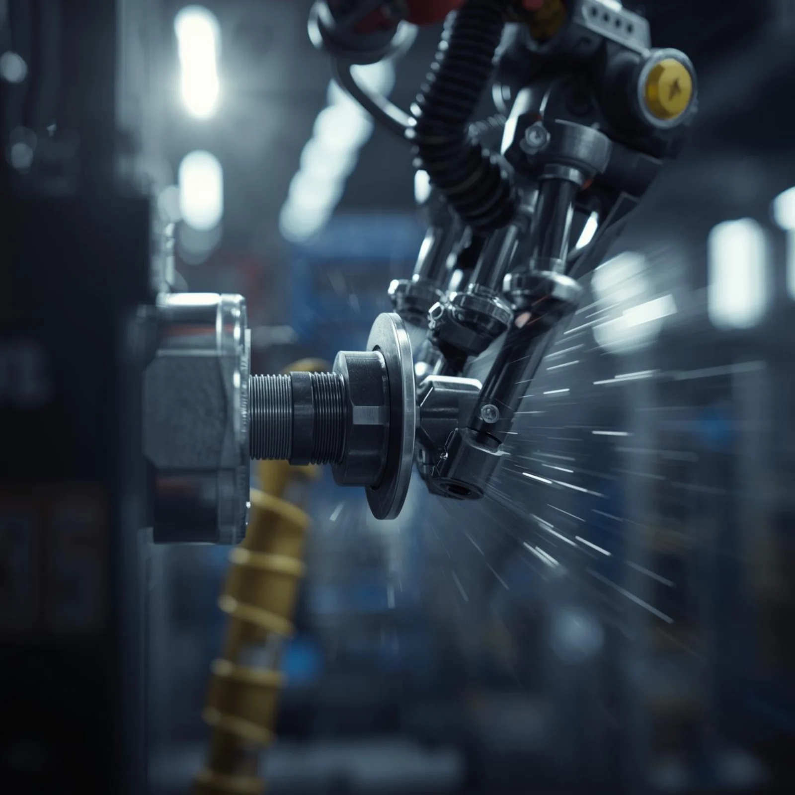 Robotic arm with yellow sensor machining a spinning metal part in an industrial workshop with motion blur effect.
