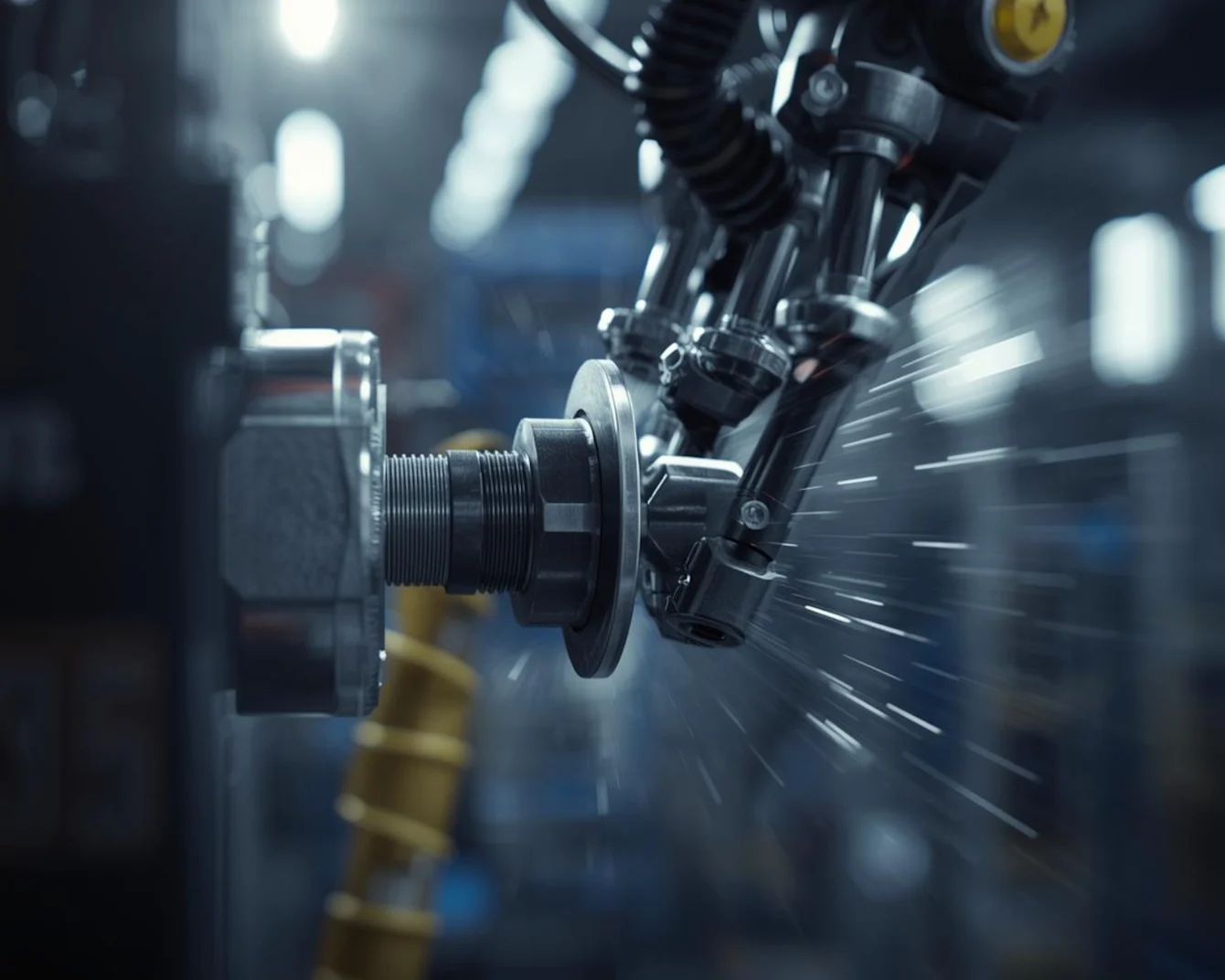 Robotic arm with yellow sensor machining a spinning metal part in an industrial workshop with motion blur effect.