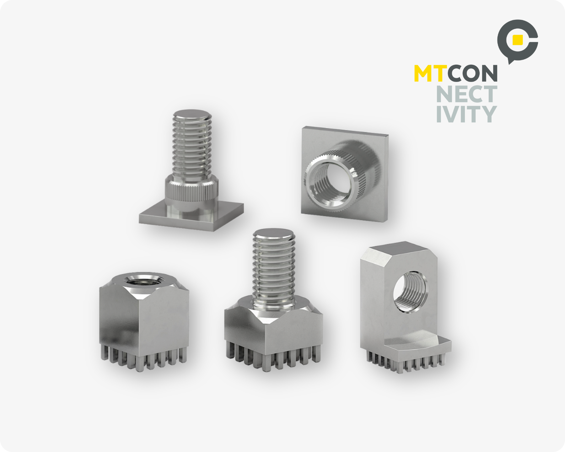 Five different MTCon power elements, including a power tower, power socket and a power edge, for distributing high currents to printed circuit boards.
