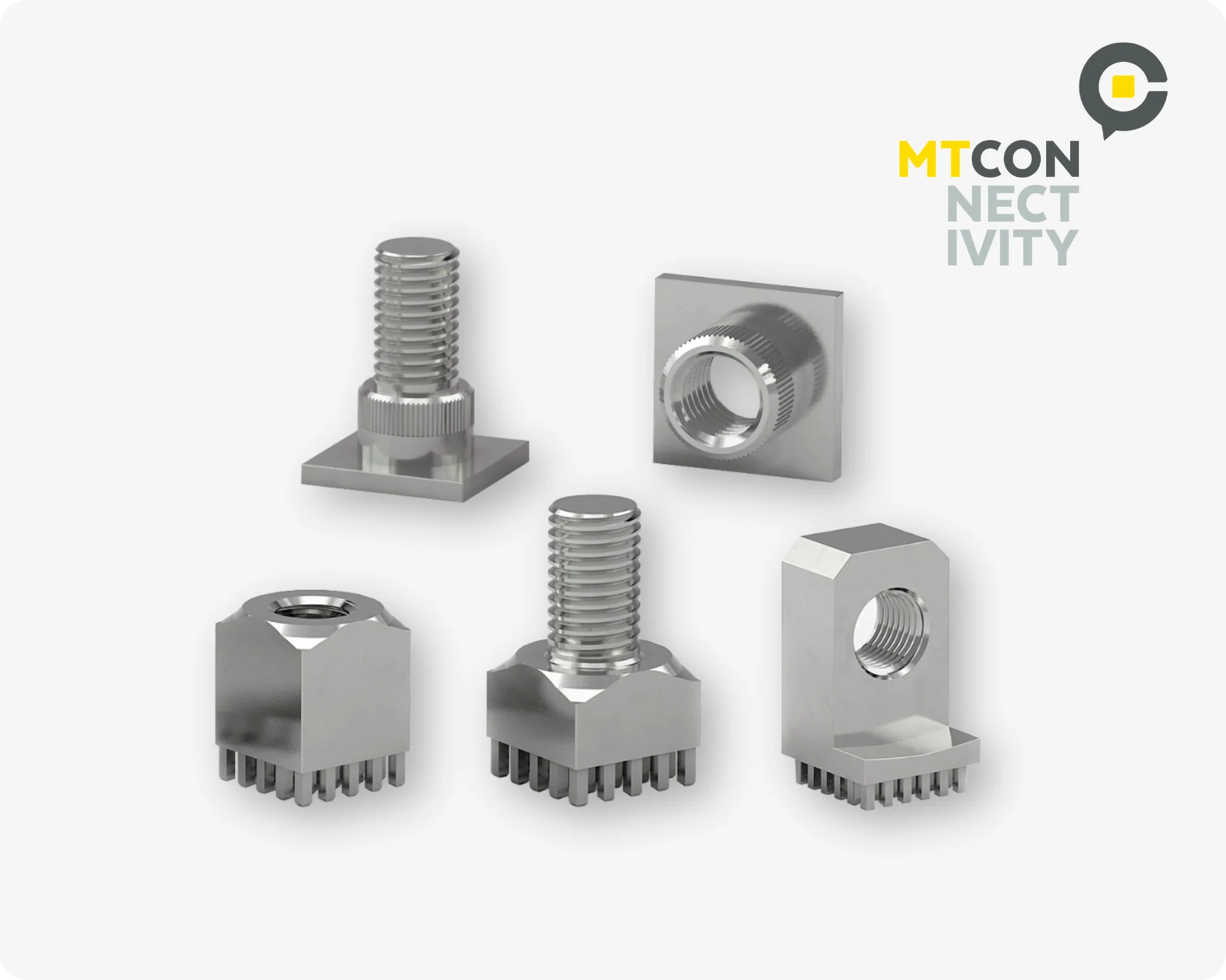 五种不同的MTCon电源元件，包括电源塔、电源插座和电源边缘，用于向印刷电路板分配高电流。