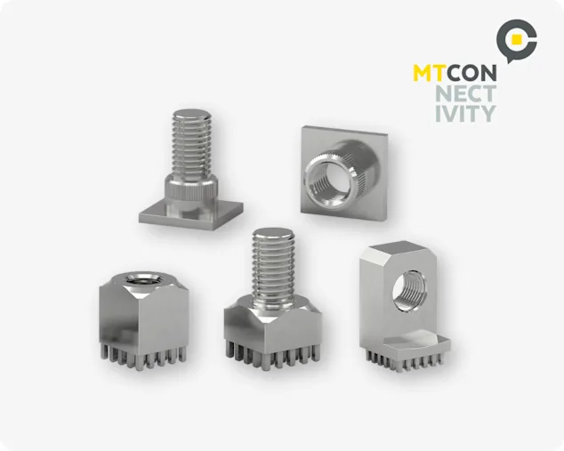 Five different MTCon power elements, including a power tower, power socket and a power edge, for distributing high currents to printed circuit boards.