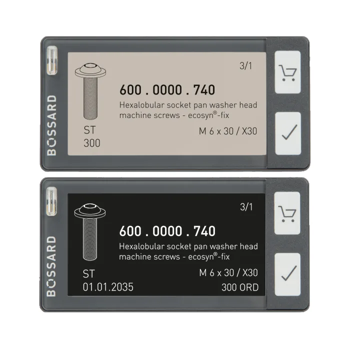 Two Bossard SmartLabel Cloud labels in white and black