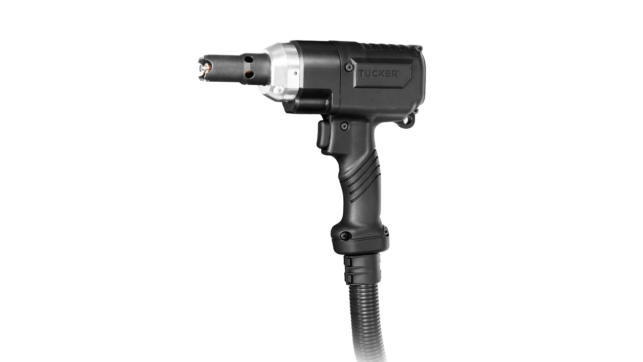 Close-up of a black Tucker stud welding gun for manual drawn arc stud welding on white background