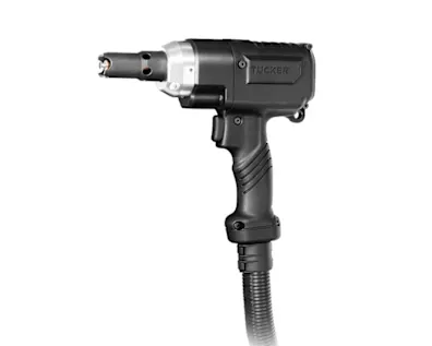 Close-up of a black Tucker stud welding gun for manual drawn arc stud welding on white background