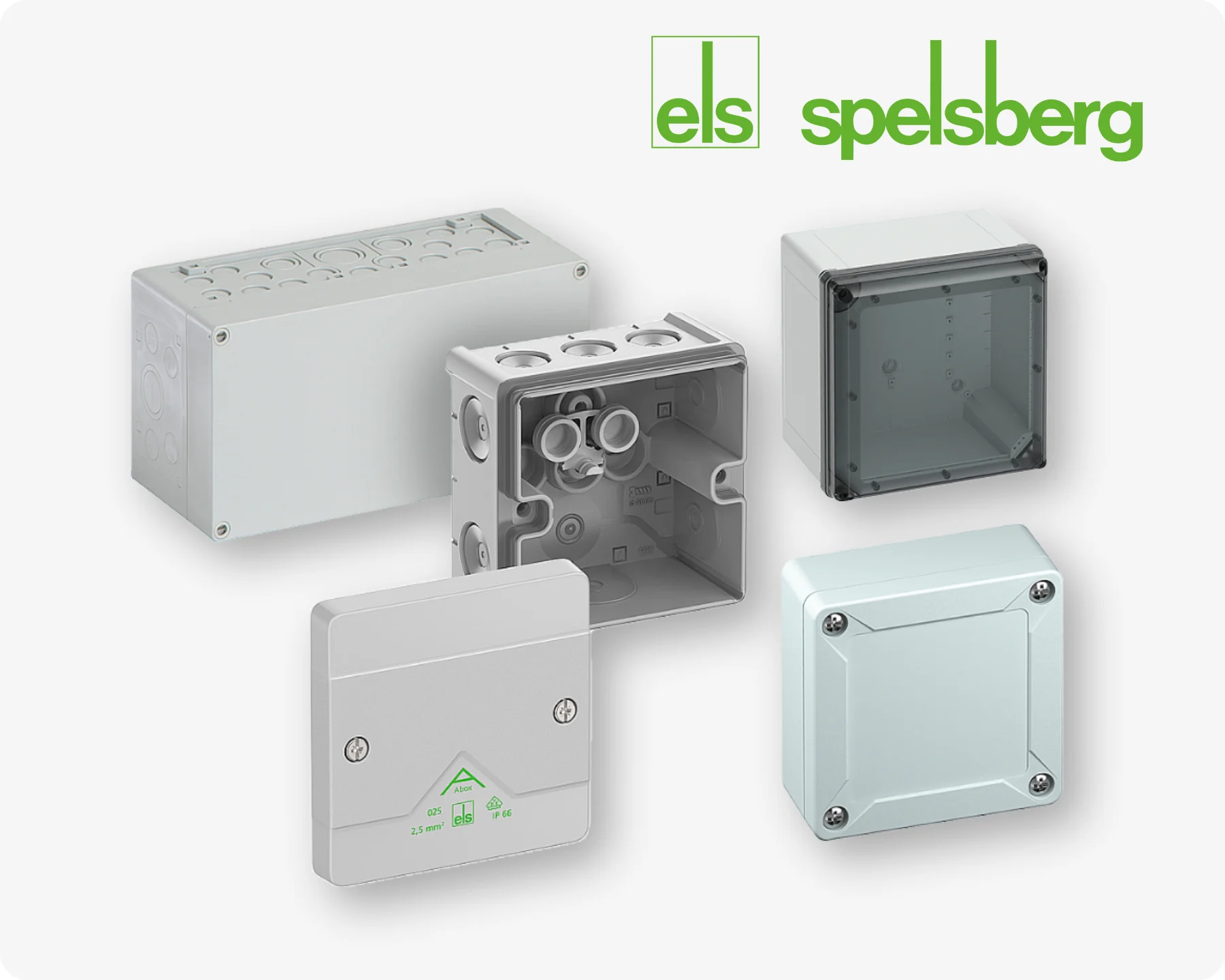 Five different types of white Spelsberg electrical enclosures on light grey background with the ELS Spelsberg logo in the top right corner.