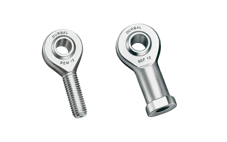 Two Durbal rod ends of the classic line with integrated spherical plain bearings on white background